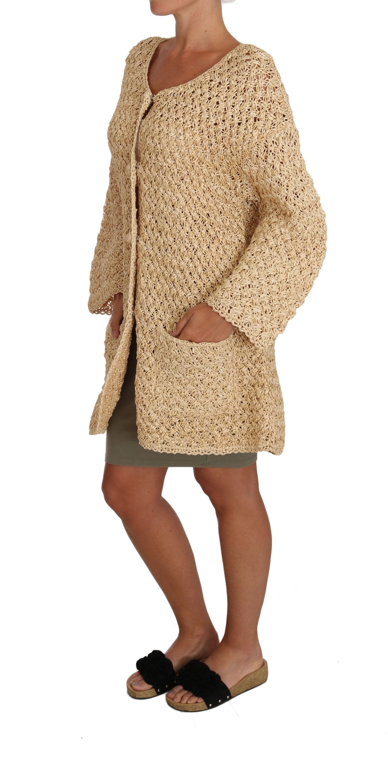 Dolce & Gabbana Beige Cardigan Crochet Knitted Raffia Sweater | Regal Royce