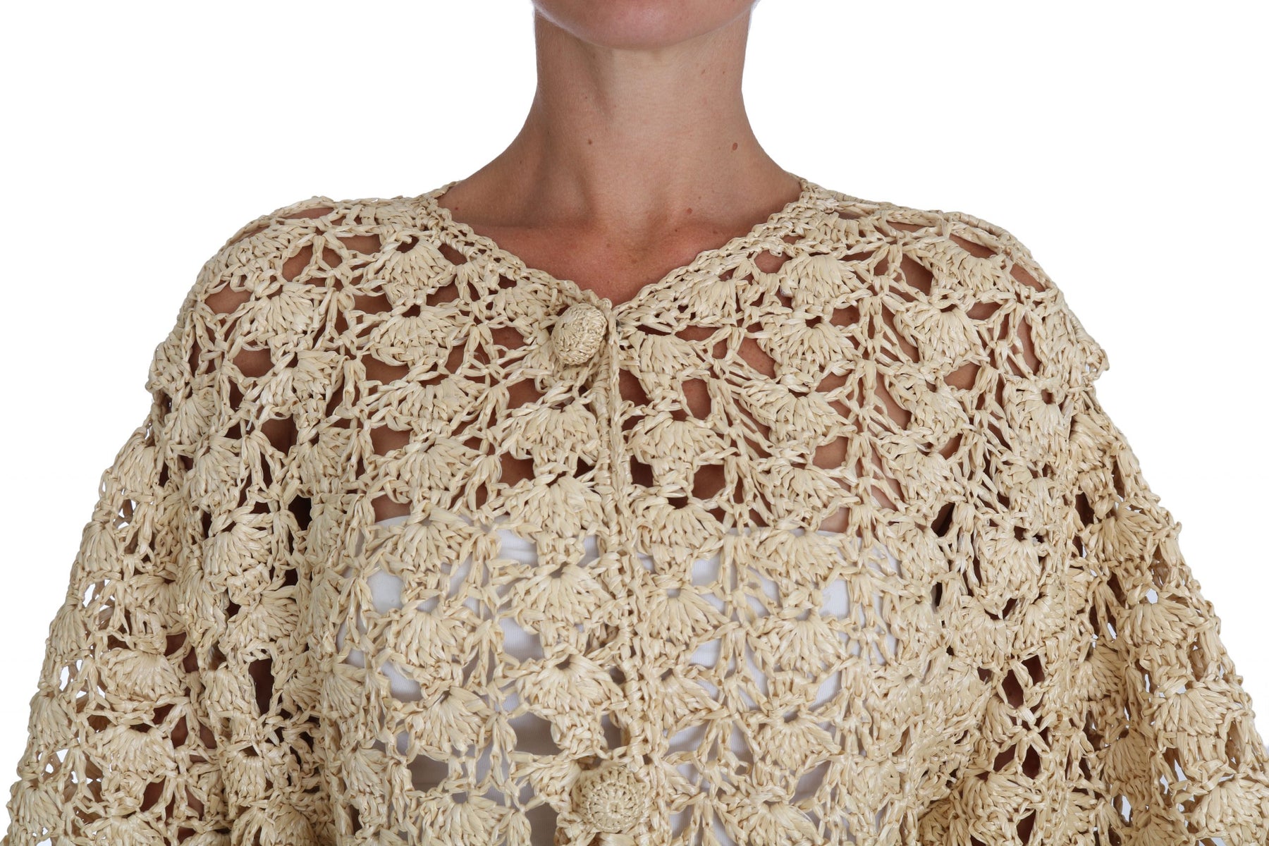 Dolce & Gabbana Beige Cardigan Crochet Knitted Raffia Sweater | Regal Royce
