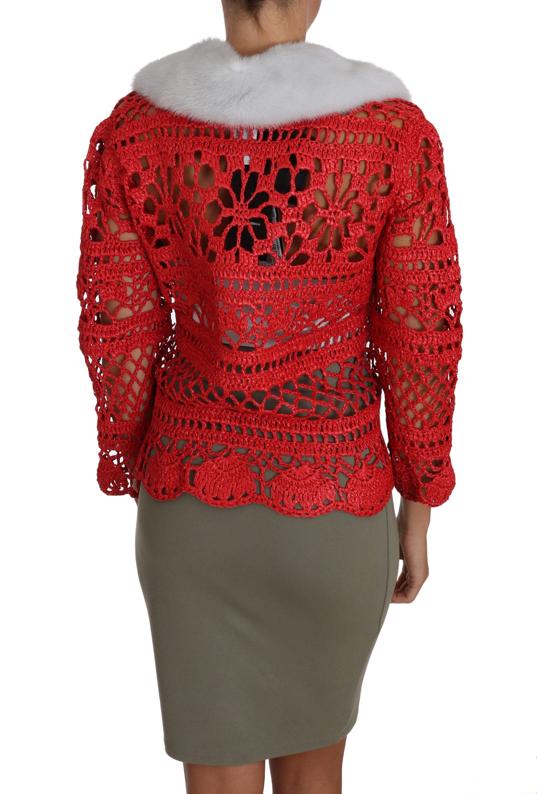 Dolce & Gabbana Red Cardigan Crochet Knit Raffia Sweater | Regal Royce