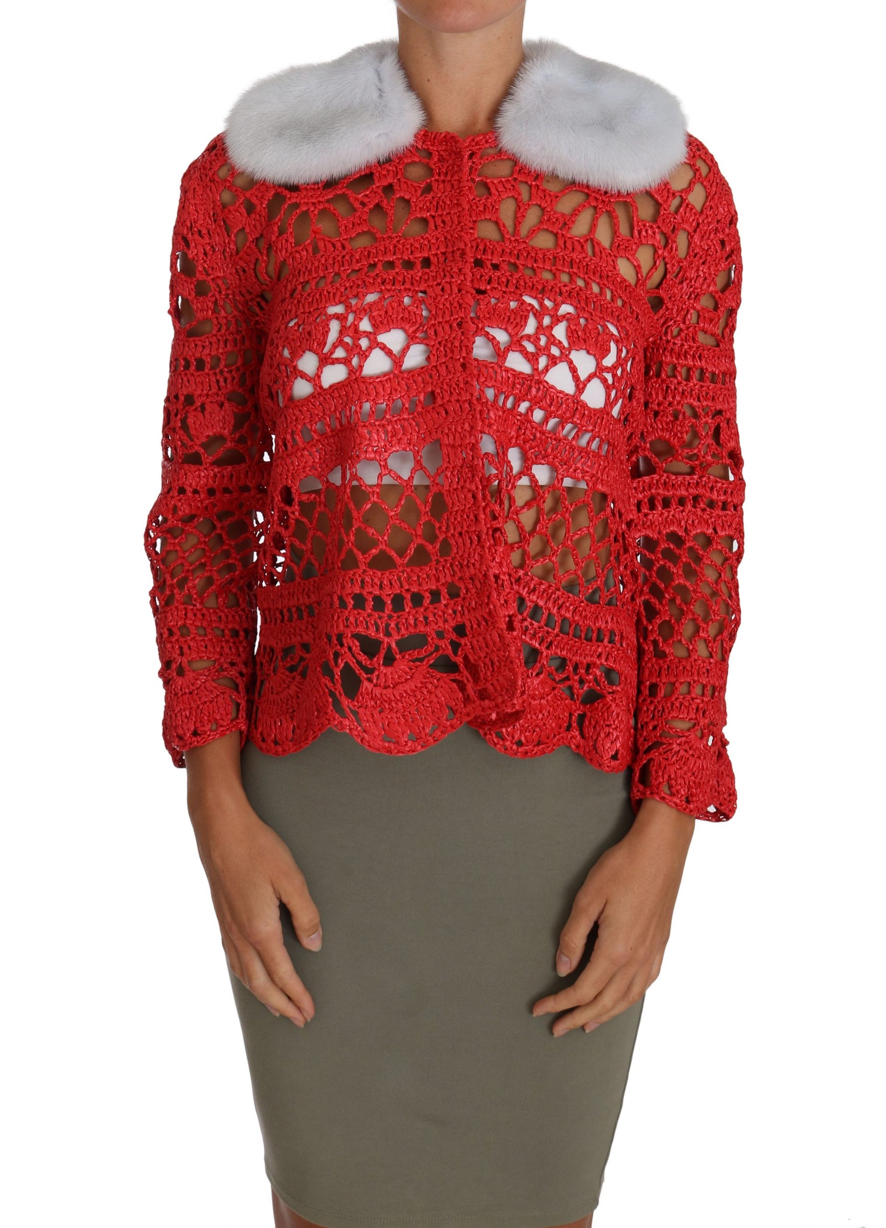 Dolce & Gabbana Red Cardigan Crochet Knit Raffia Sweater | Regal Royce