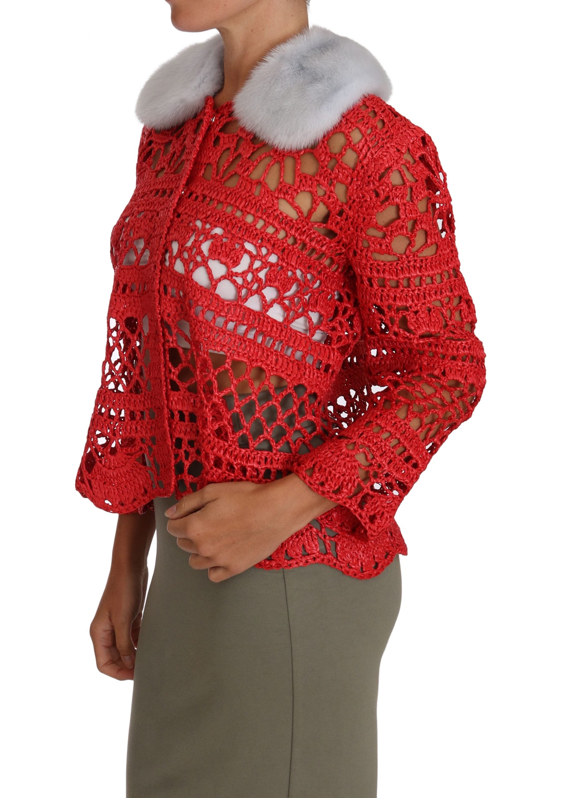 Dolce & Gabbana Red Cardigan Crochet Knit Raffia Sweater | Regal Royce