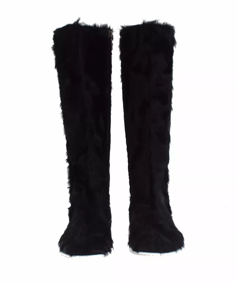 Dolce & Gabbana Black Xiangao Lamb Fur Leather Boots Shoes | Regal Royce