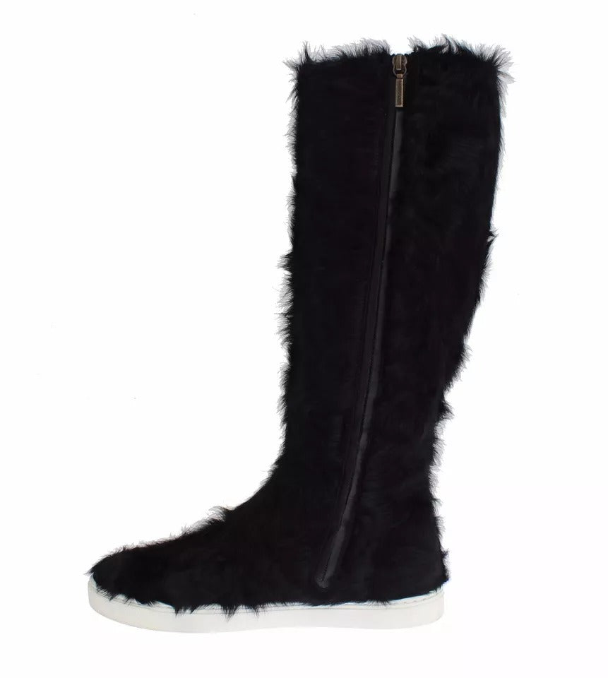 Dolce & Gabbana Black Xiangao Lamb Fur Leather Boots Shoes | Regal Royce