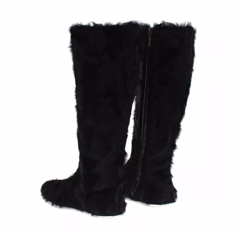 Dolce & Gabbana Black Xiangao Lamb Fur Leather Boots Shoes | Regal Royce