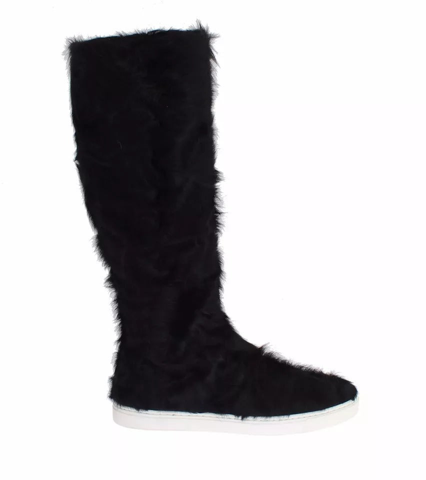 Dolce & Gabbana Black Xiangao Lamb Fur Leather Boots Shoes | Regal Royce