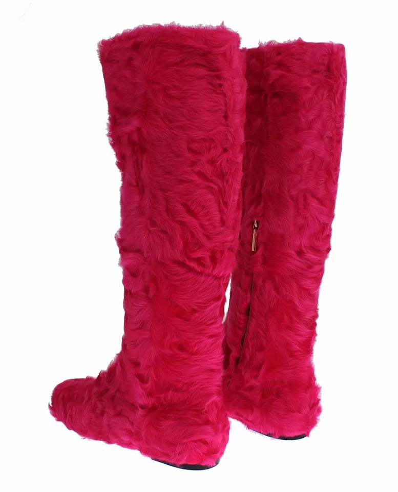 Dolce & Gabbana Pink Lamb Fur Leather Flat Boots Shoes | Regal Royce