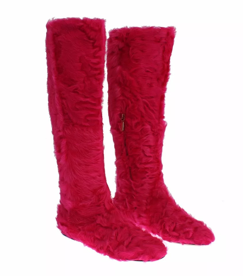 Dolce & Gabbana Pink Lamb Fur Leather Flat Boots Shoes | Regal Royce