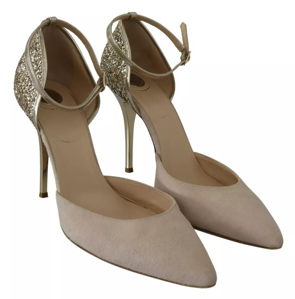 Elisabetta Franchi Beige Linen Ankle Strap High Heels Shoes | Regal Royce