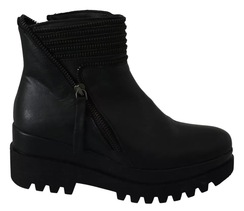 Ovyé Black Leather Zipper Ankle Boots Shoes | Regal Royce