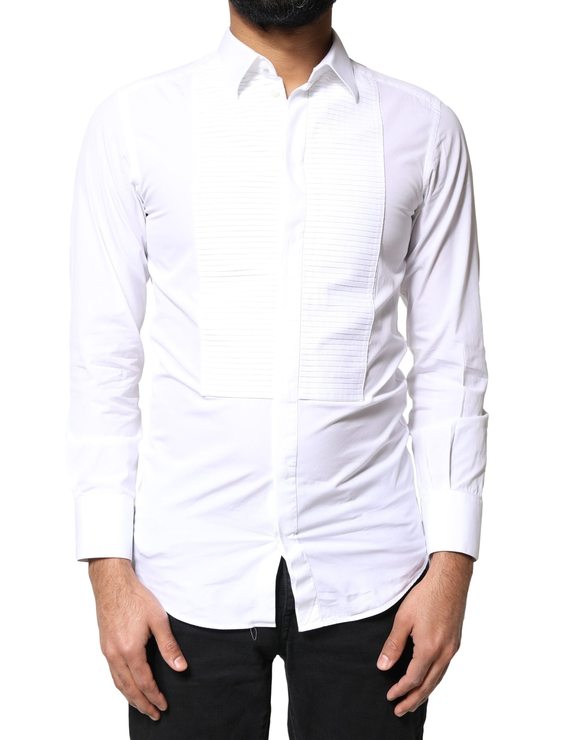 Dolce & Gabbana White GOLD Cotton Poplin Bib Men Dress Shirt