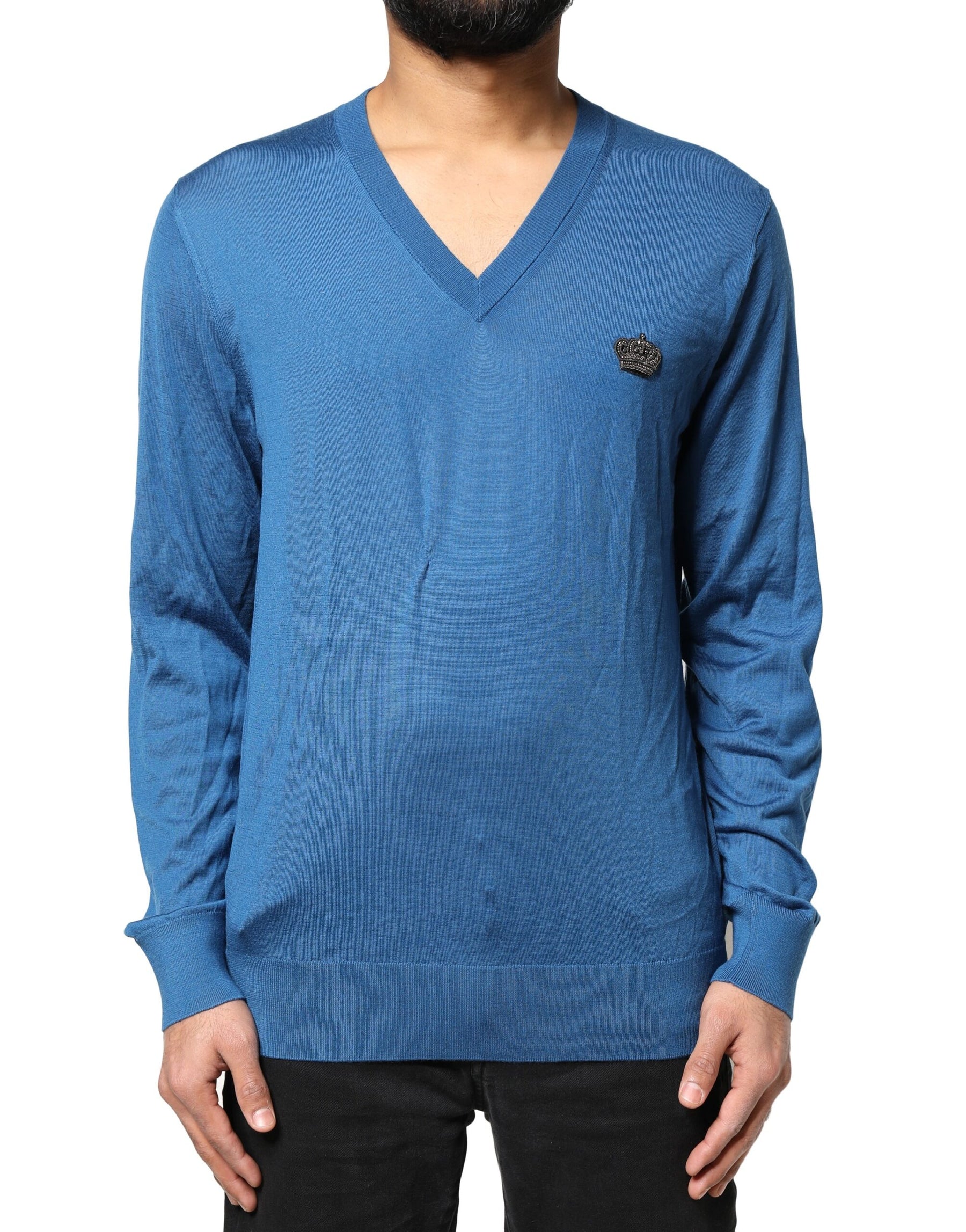 Dolce & Gabbana Blue Cashmere Crown V-neck Pullover Sweater | Regal Royce