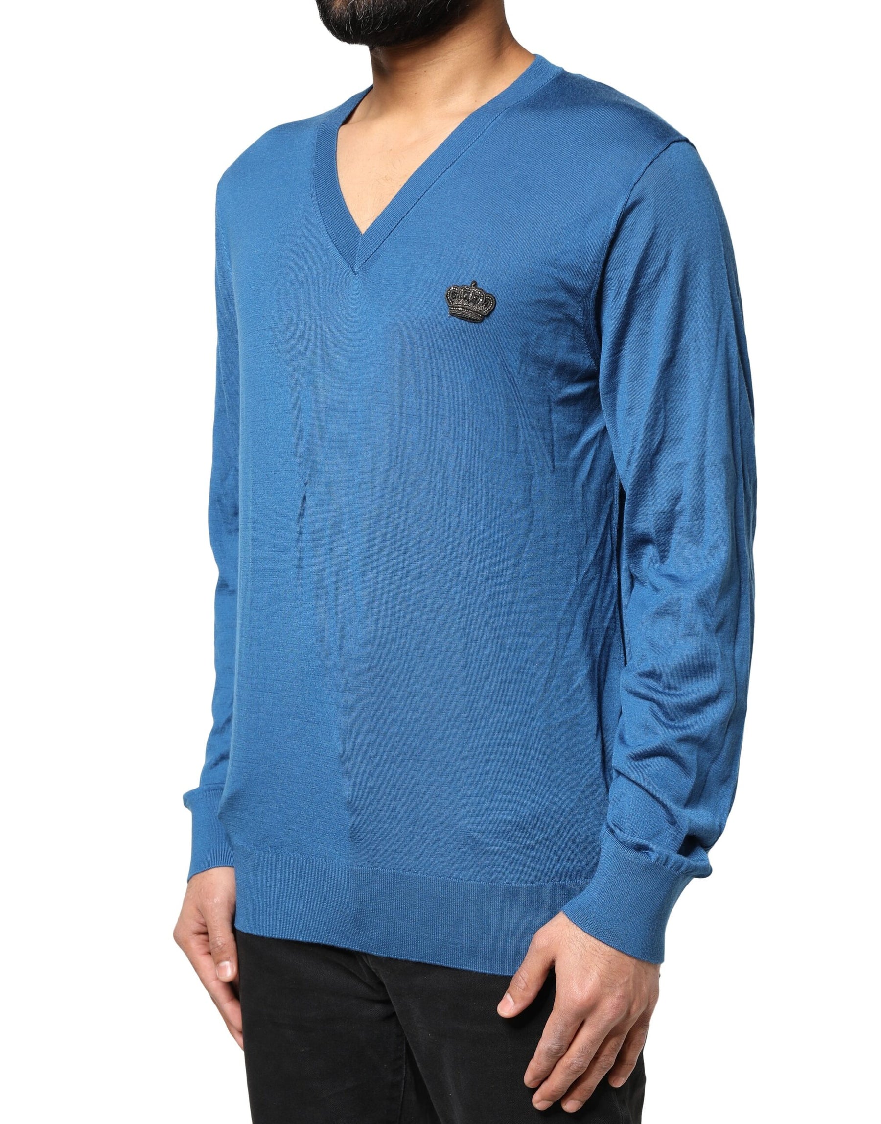 Dolce & Gabbana Blue Cashmere Crown V-neck Pullover Sweater | Regal Royce