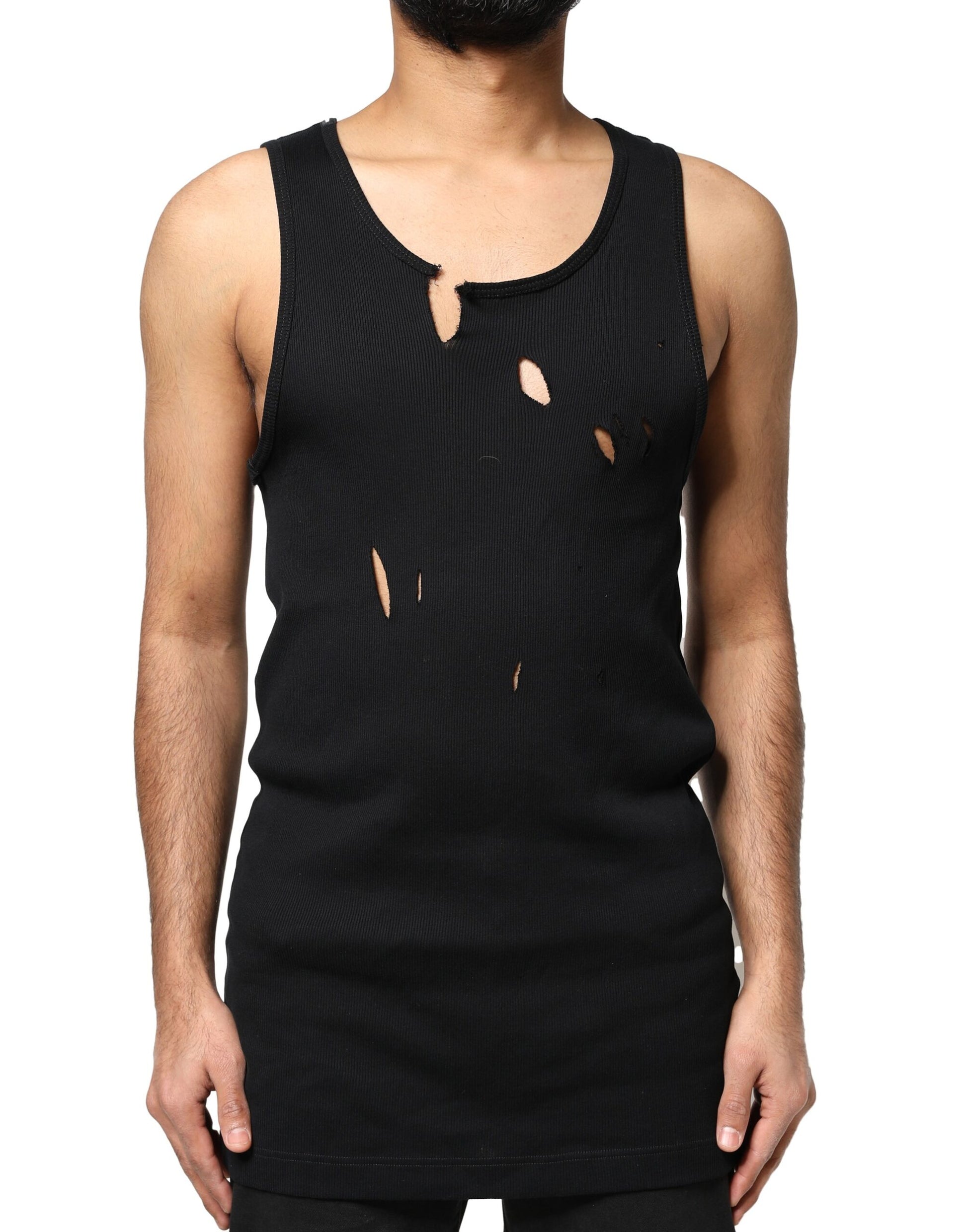 Dolce & Gabbana Black Cotton Rip Style Sleeveless Men Tank T-shirt