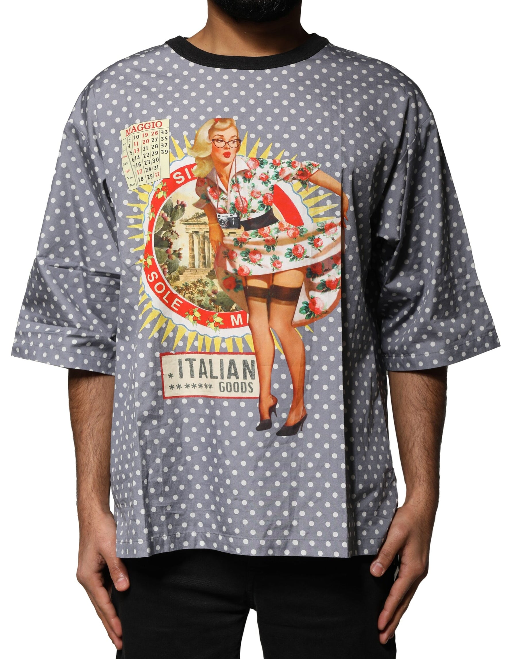Dolce & Gabbana Gray Polka Dot Pin-Up Print Crew Neck T-shirt | Regal Royce