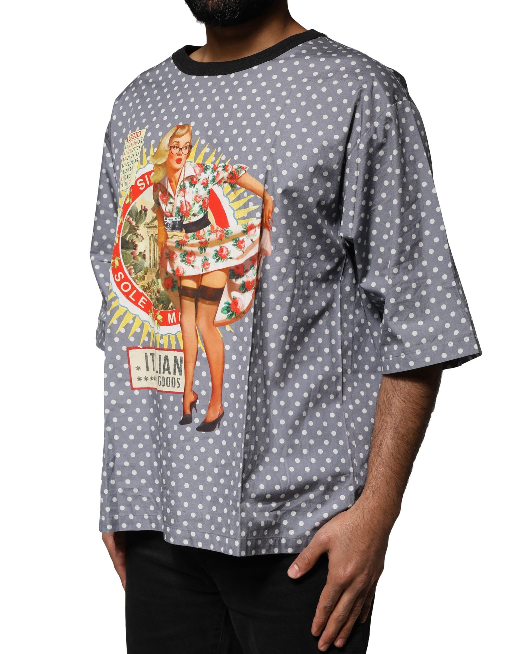 Dolce & Gabbana Gray Polka Dot Pin-Up Print Crew Neck T-shirt | Regal Royce