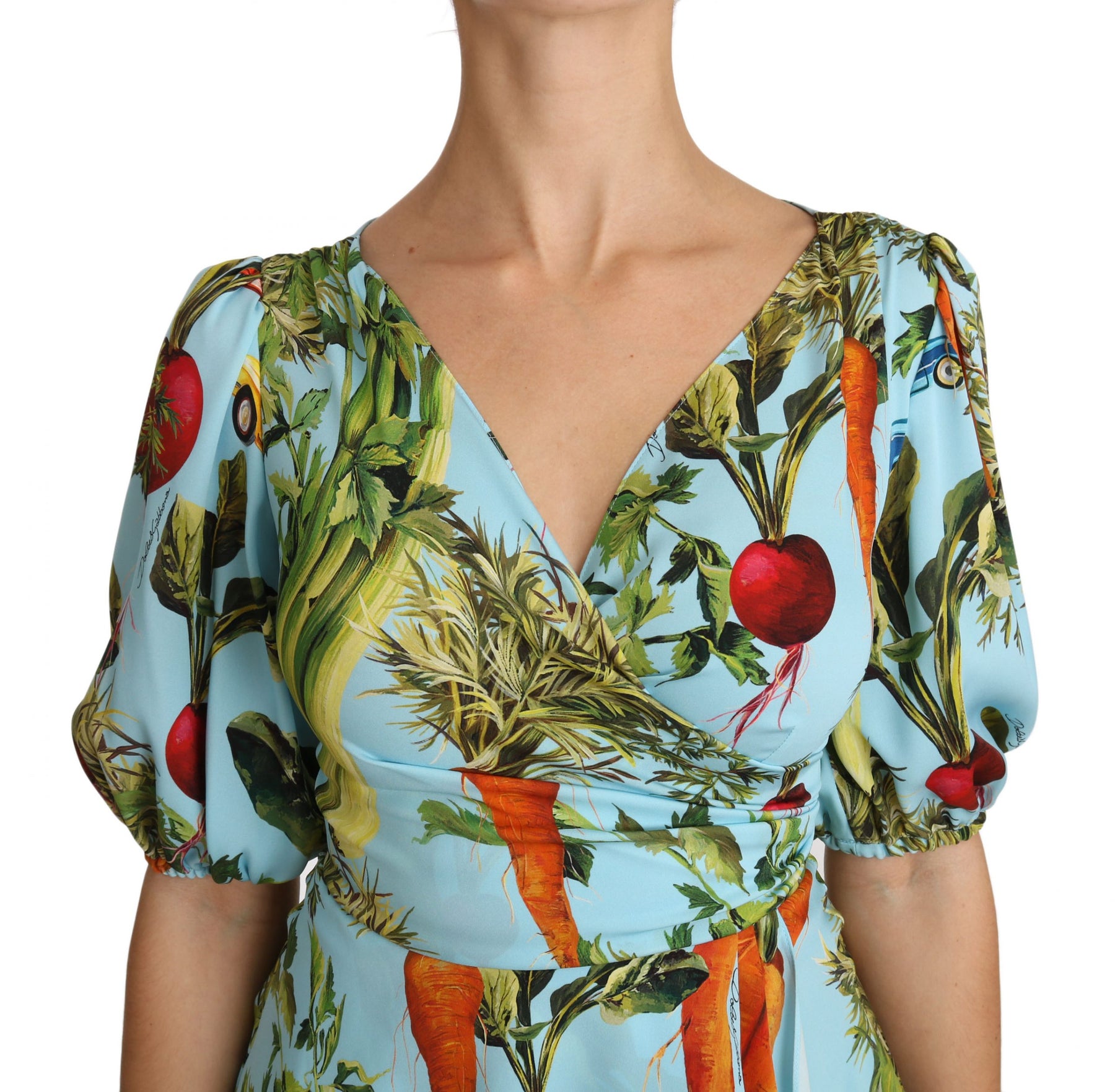 Dolce & Gabbana Multicolor Vegetable Print Silk Top Peplum Wrap Blouse | Regal Royce