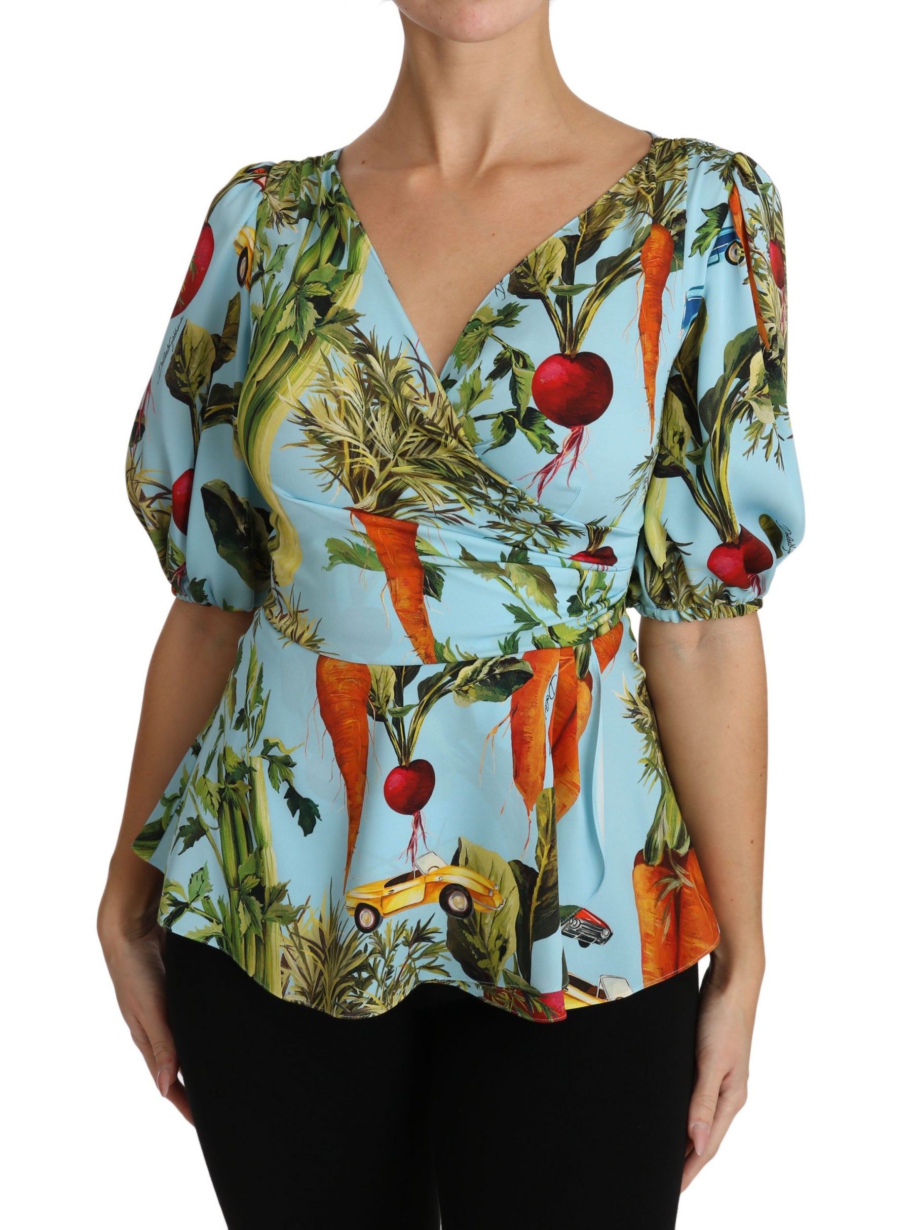 Dolce & Gabbana Multicolor Vegetable Print Silk Top Peplum Wrap Blouse | Regal Royce