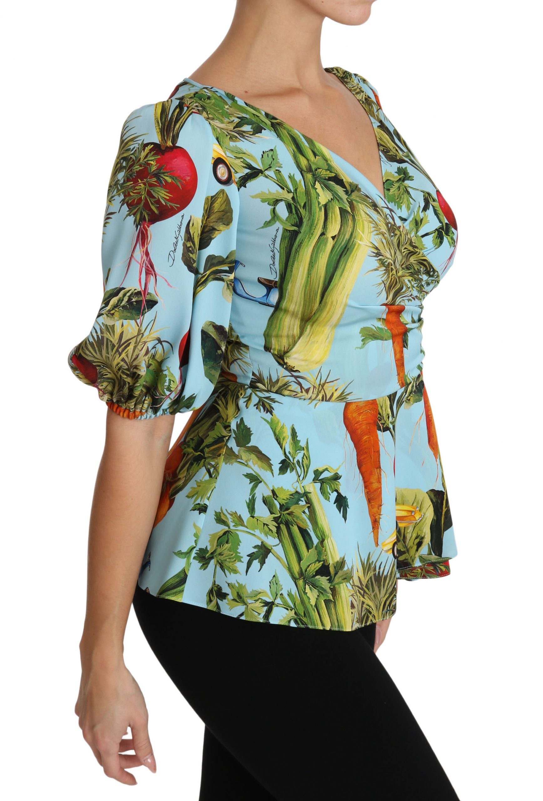 Dolce & Gabbana Multicolor Vegetable Print Silk Top Peplum Wrap Blouse | Regal Royce