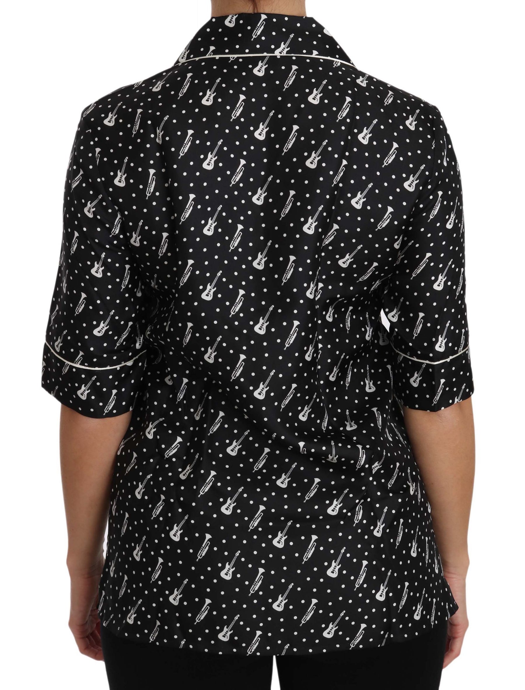 Dolce & Gabbana Black GuitarTrumpet Print Silk Shirt Top | Regal Royce