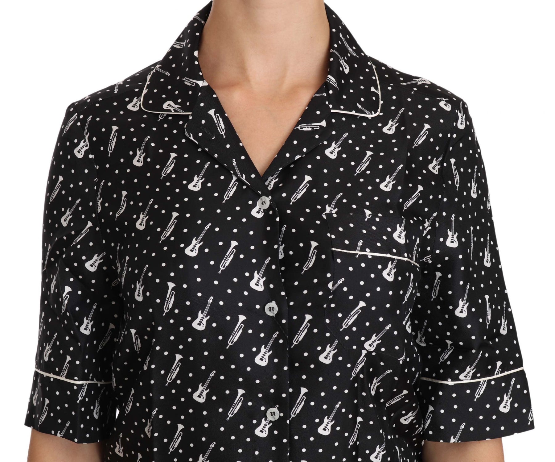Dolce & Gabbana Black GuitarTrumpet Print Silk Shirt Top | Regal Royce