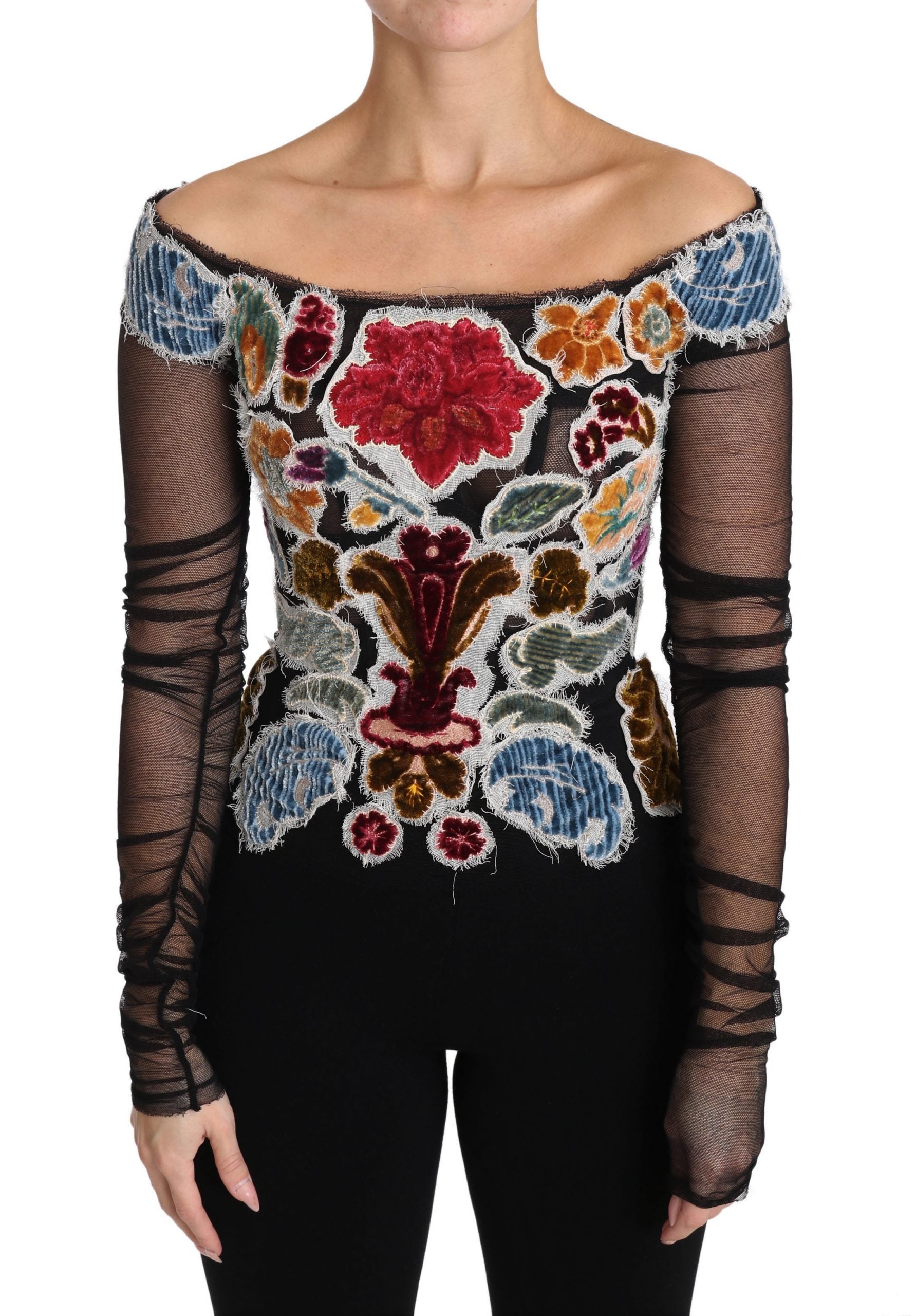 Dolce & Gabbana Black Floral Ricamo Top T-shirt Blouse | Regal Royce