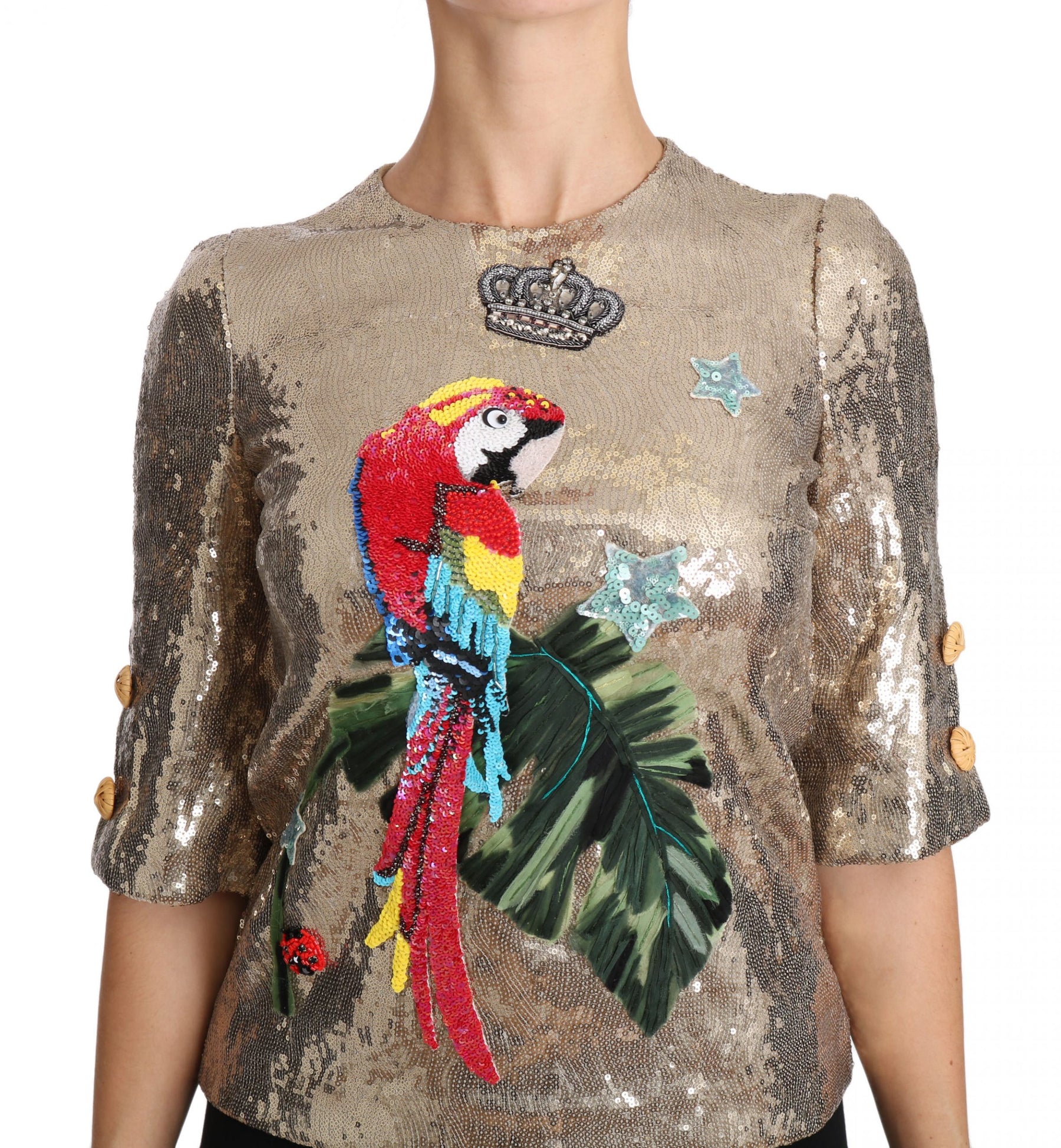 Dolce & Gabbana Gold Sequined Parrot Crystal Blouse | Regal Royce