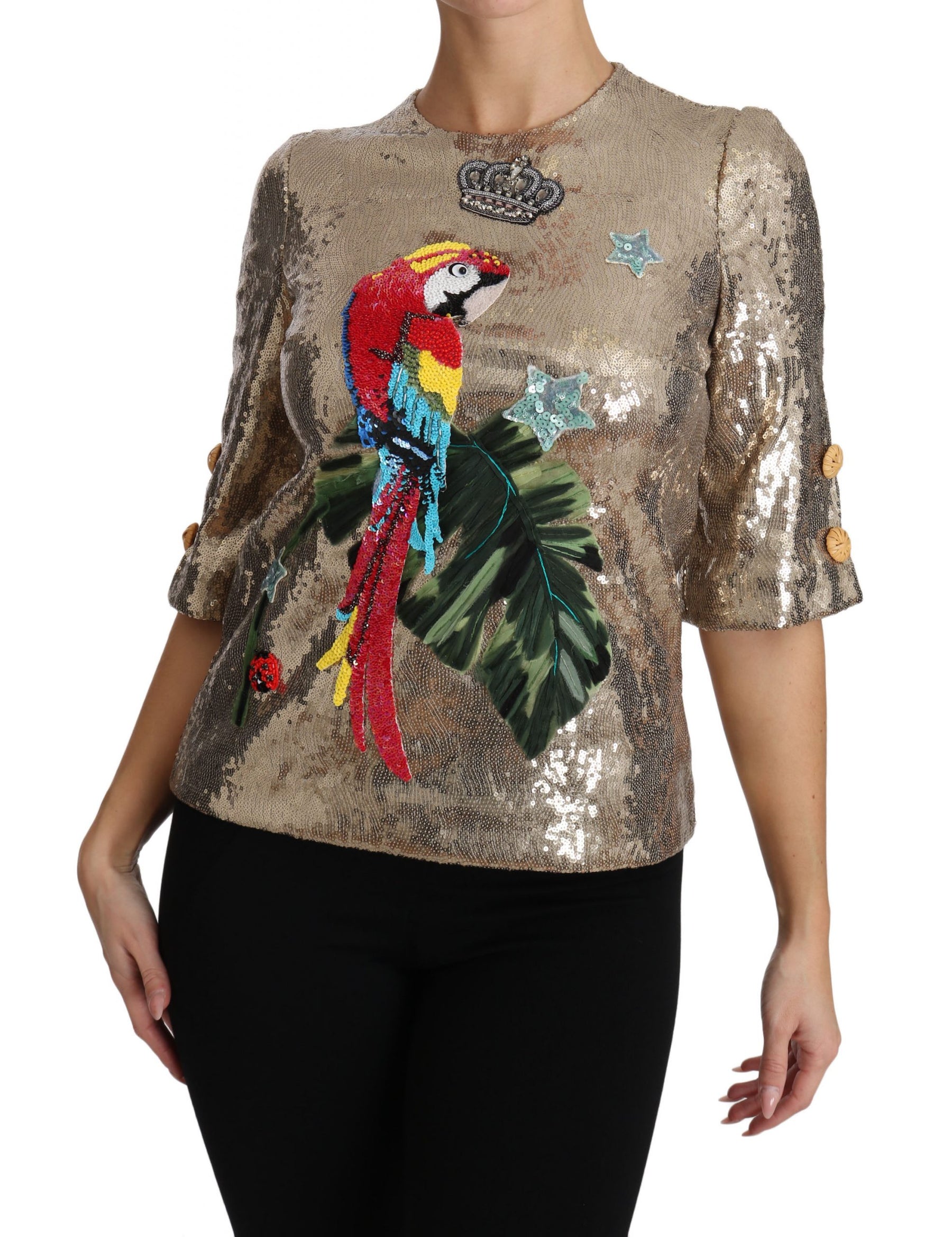 Dolce & Gabbana Gold Sequined Parrot Crystal Blouse | Regal Royce