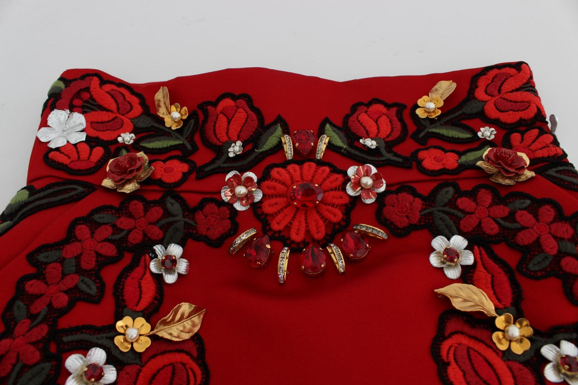 Dolce & Gabbana Red Silk Crystal Roses Shorts | Regal Royce