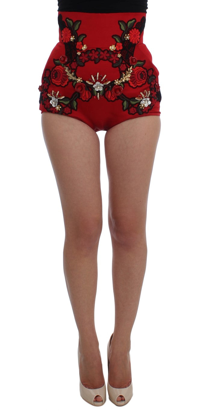 Dolce & Gabbana Red Silk Crystal Roses Shorts | Regal Royce
