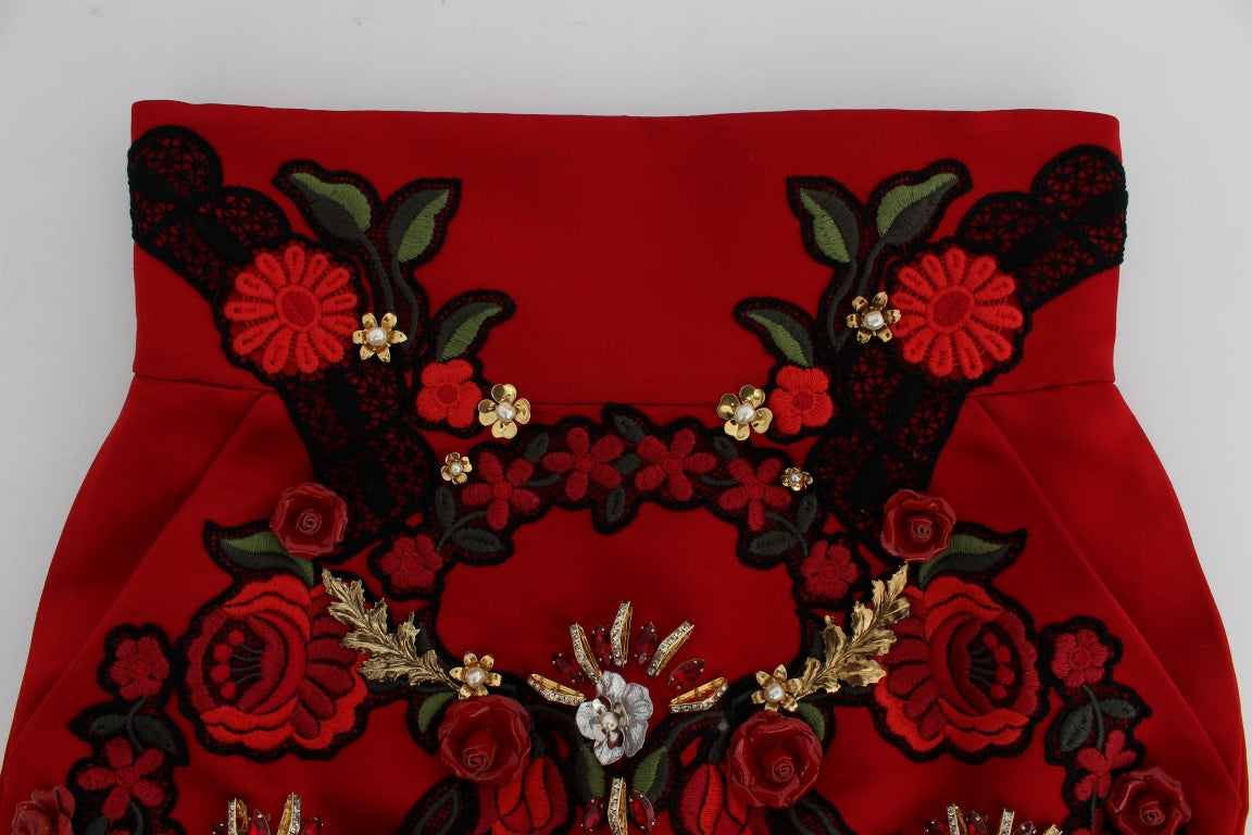 Dolce & Gabbana Red Silk Crystal Roses Shorts | Regal Royce