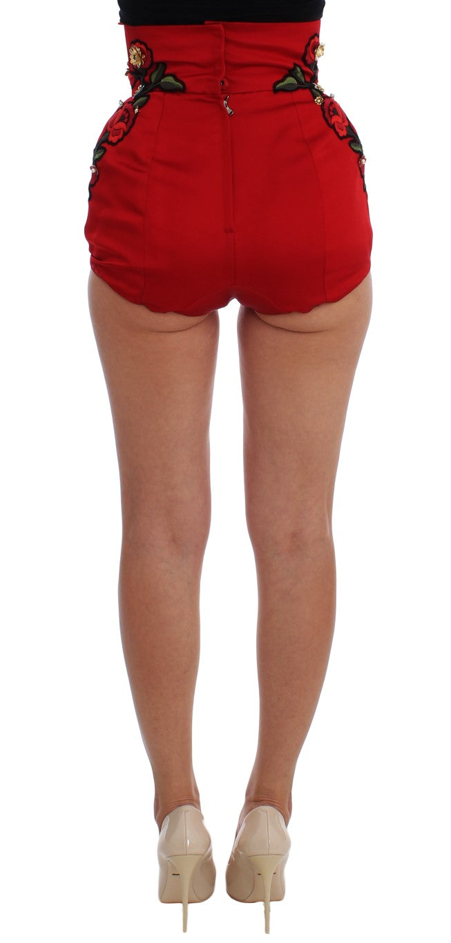 Dolce & Gabbana Red Silk Crystal Roses Shorts | Regal Royce