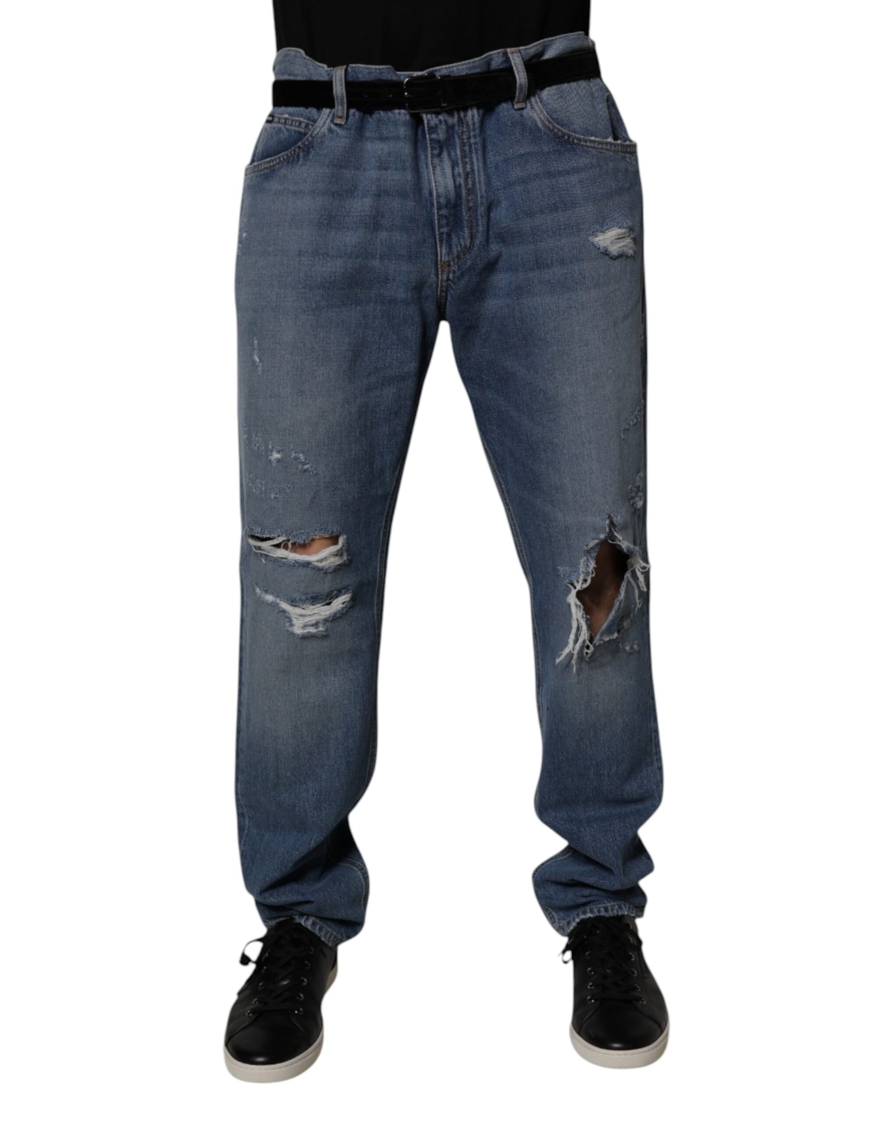 Dolce & Gabbana Blue Tattered Cotton Straight Denim Jeans | Regal Royce