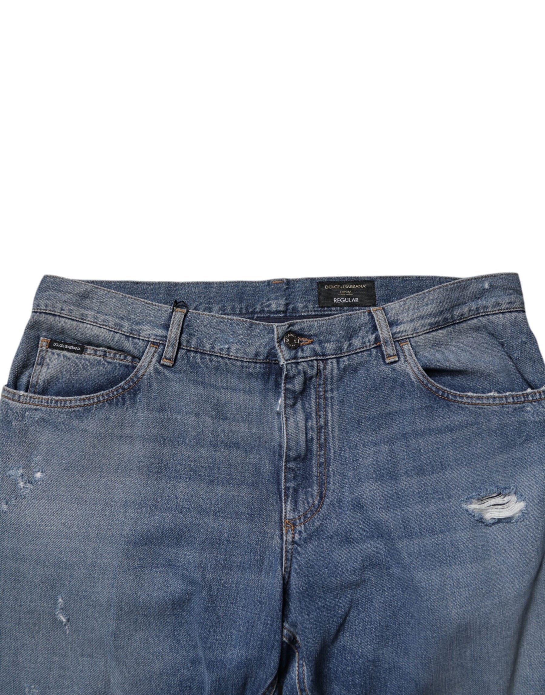 Dolce & Gabbana Blue Tattered Cotton Straight Denim Jeans | Regal Royce