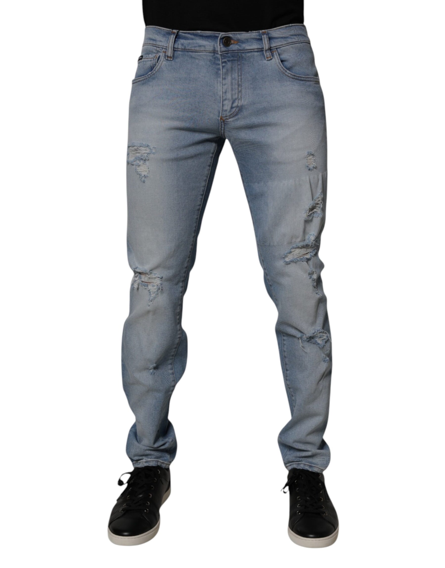 Dolce & Gabbana Blue Tattered Cotton Skinny Men Denim Jeans | Regal Royce