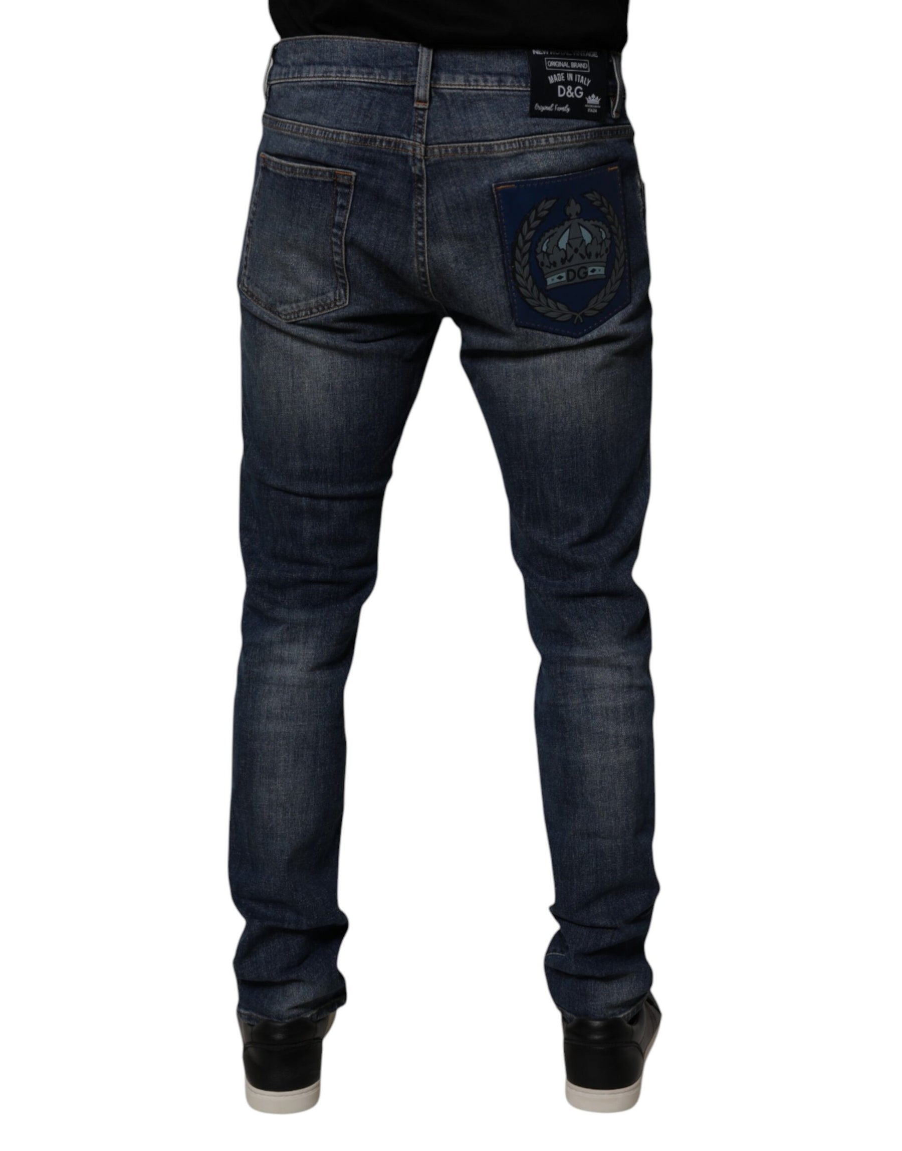 Dolce & Gabbana Dark Blue Cotton Leather Skinny Denim Jeans | Regal Royce