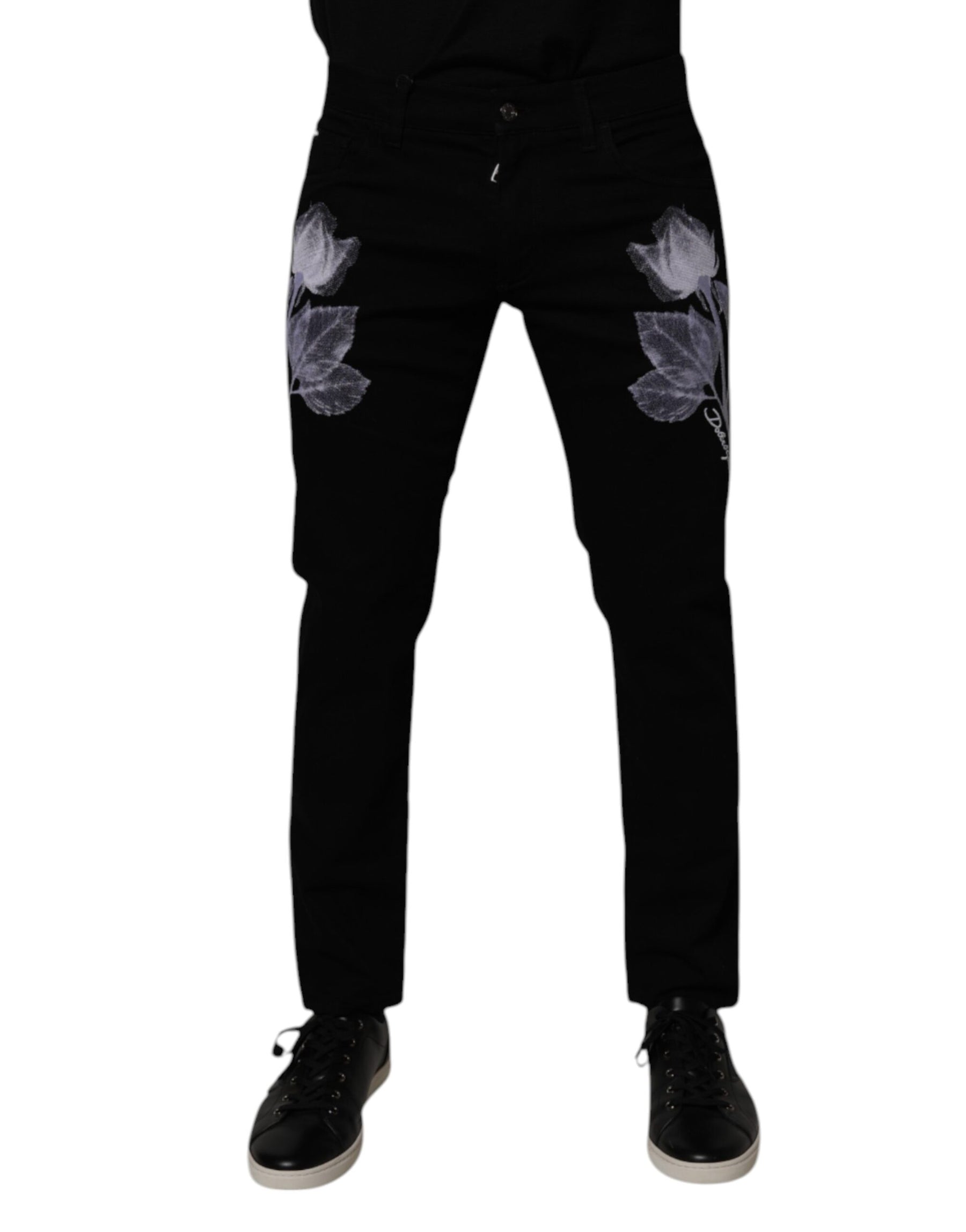 Dolce & Gabbana Black Floral Cotton Skinny Men Denim Jeans | Regal Royce