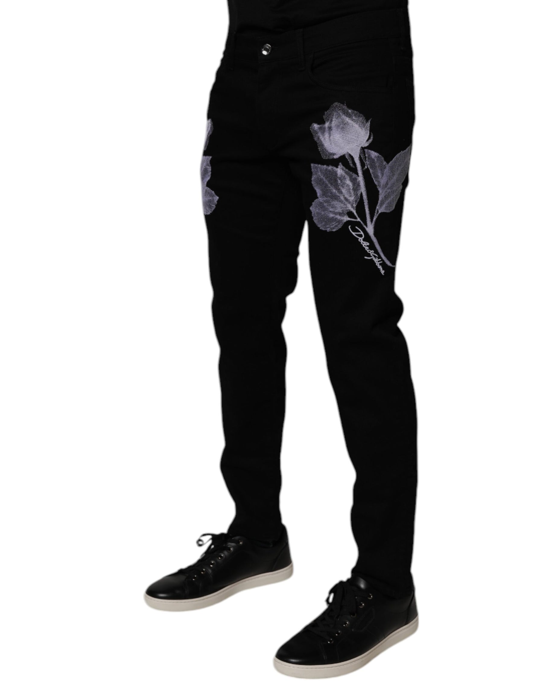 Dolce & Gabbana Black Floral Cotton Skinny Men Denim Jeans | Regal Royce