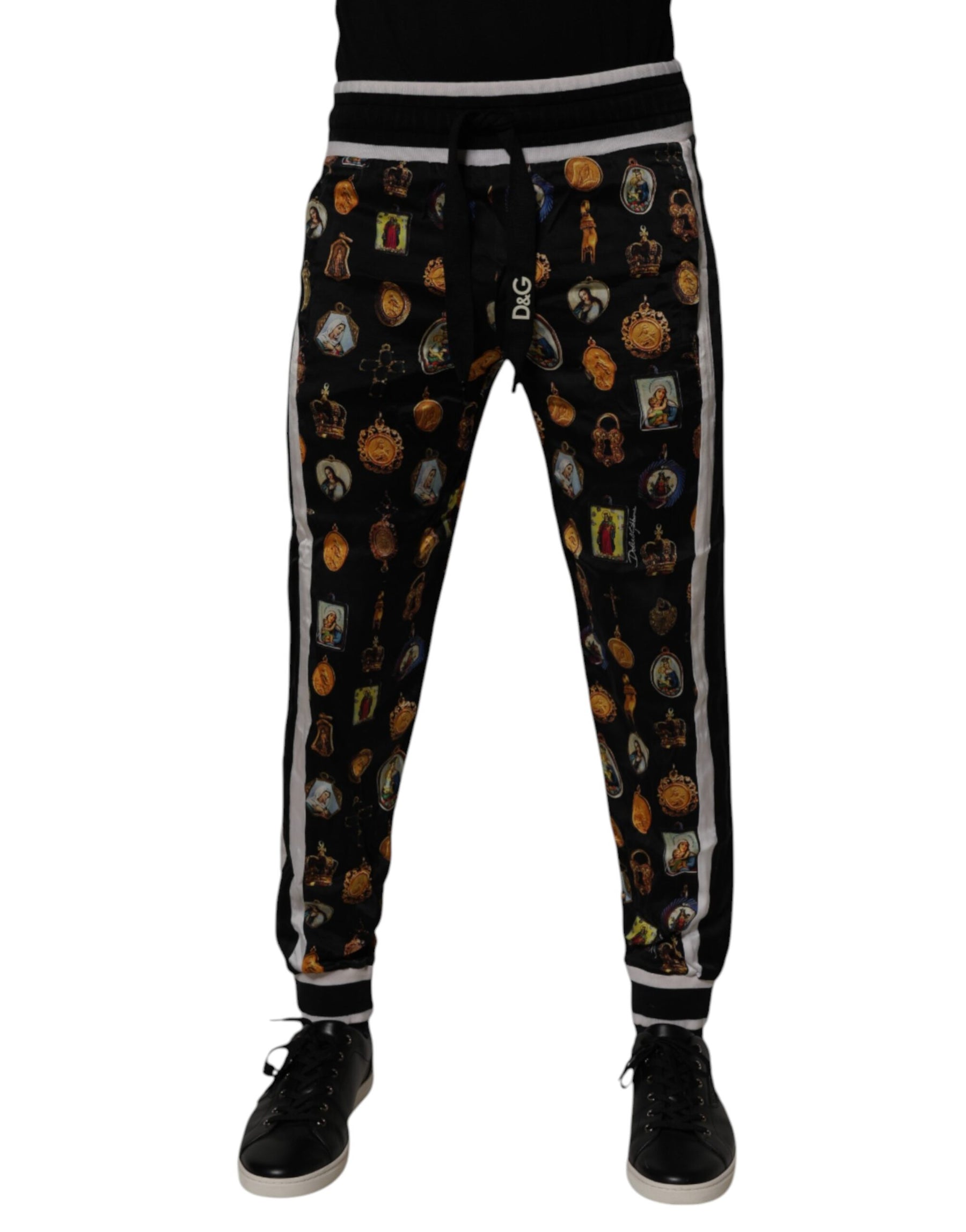 Dolce & Gabbana Black Religious Print Silk Men Jogger Pants | Regal Royce
