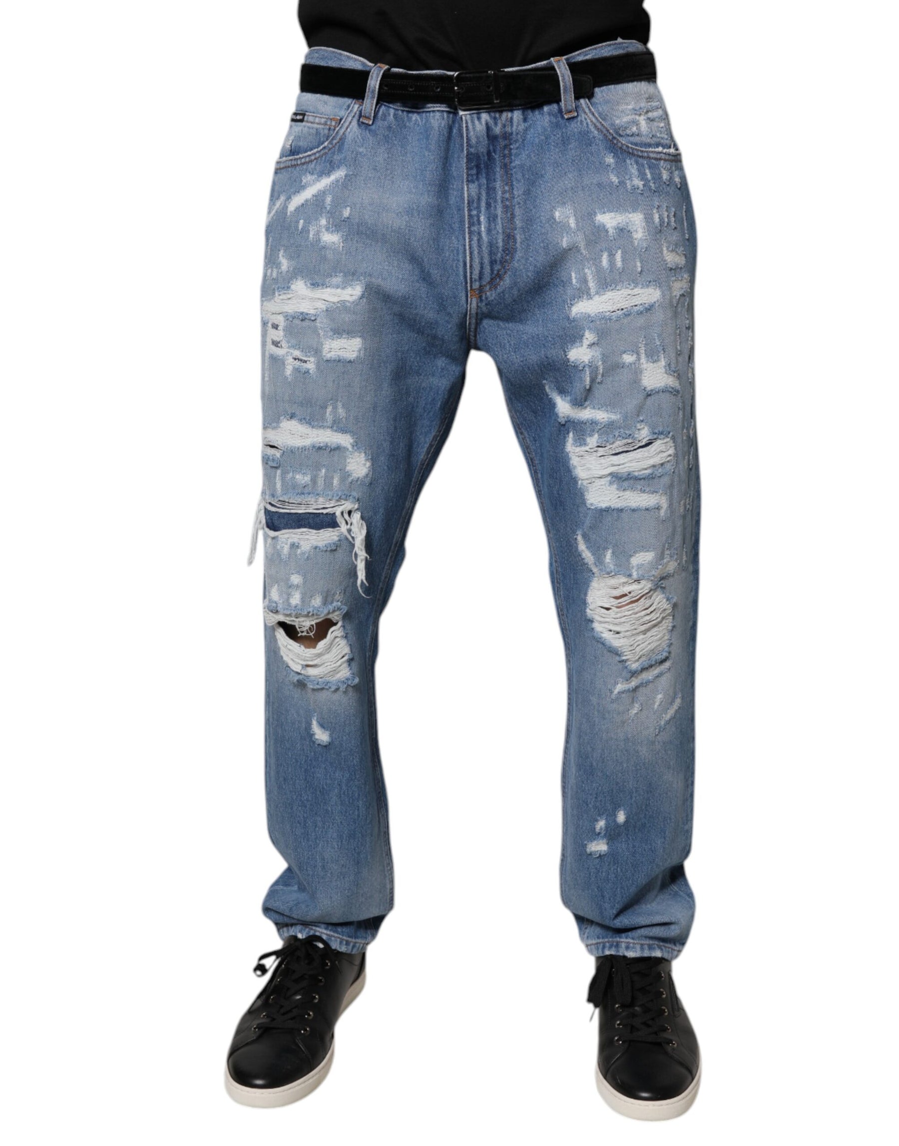 Dolce & Gabbana Blue Tattered Straight Cotton Denim Jeans | Regal Royce