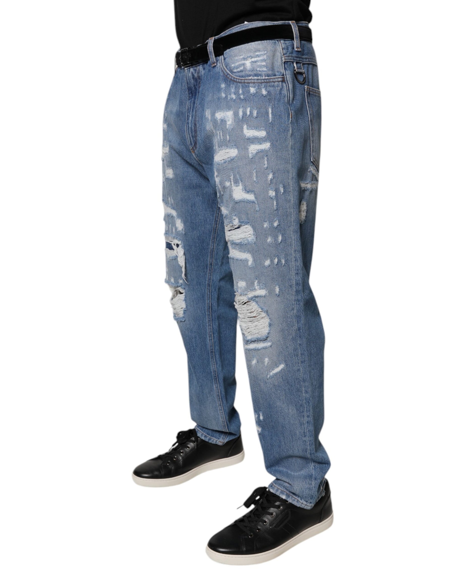Dolce & Gabbana Blue Tattered Straight Cotton Denim Jeans | Regal Royce
