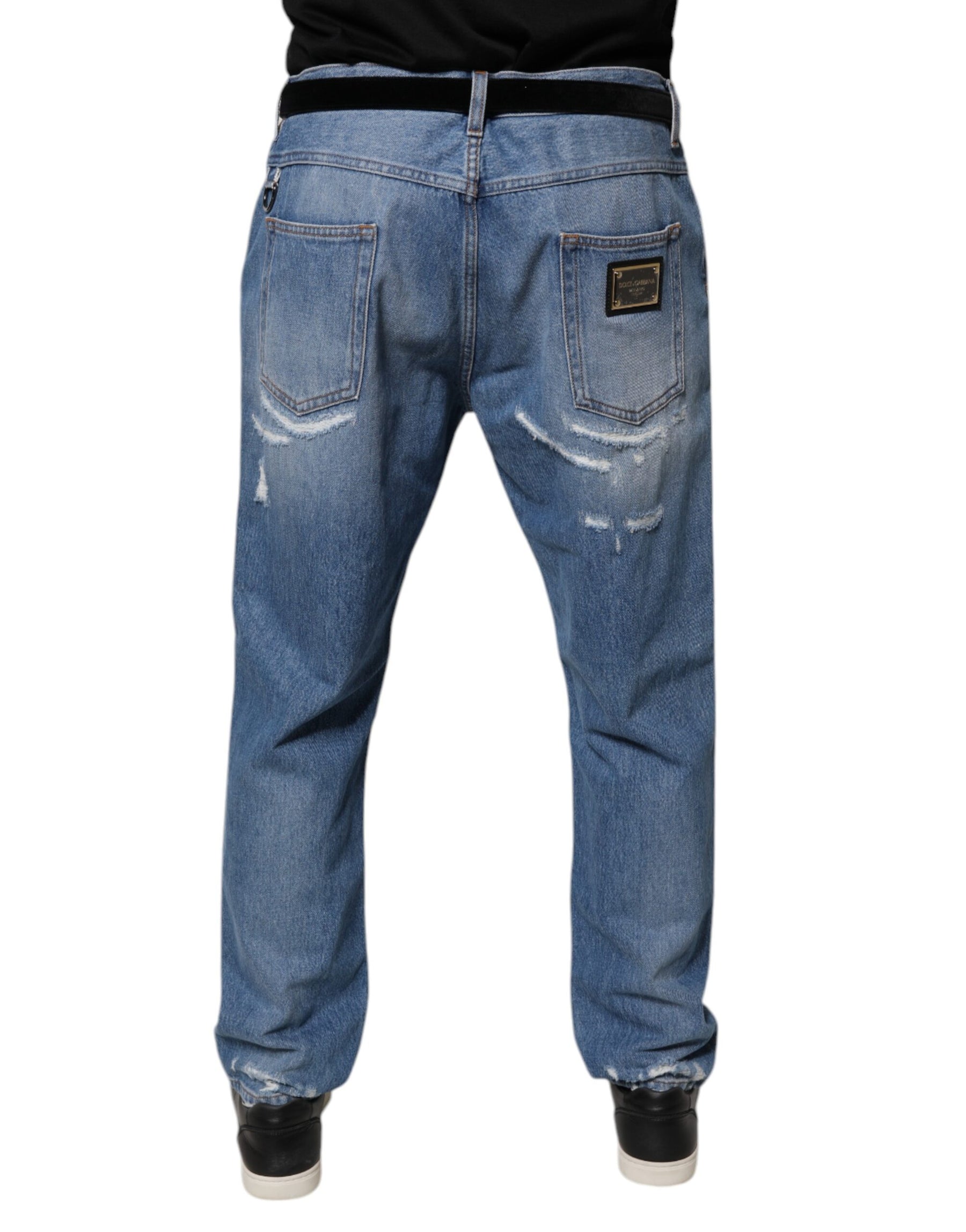 Dolce & Gabbana Blue Tattered Straight Cotton Denim Jeans | Regal Royce