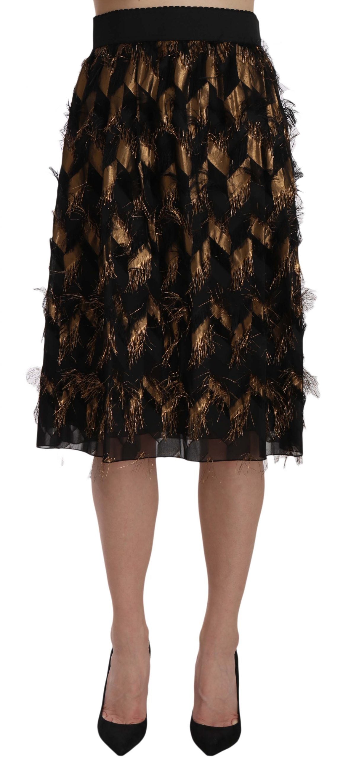Dolce & Gabbana Black Gold Fringe Metallic Pencil A-line Skirt | Regal Royce
