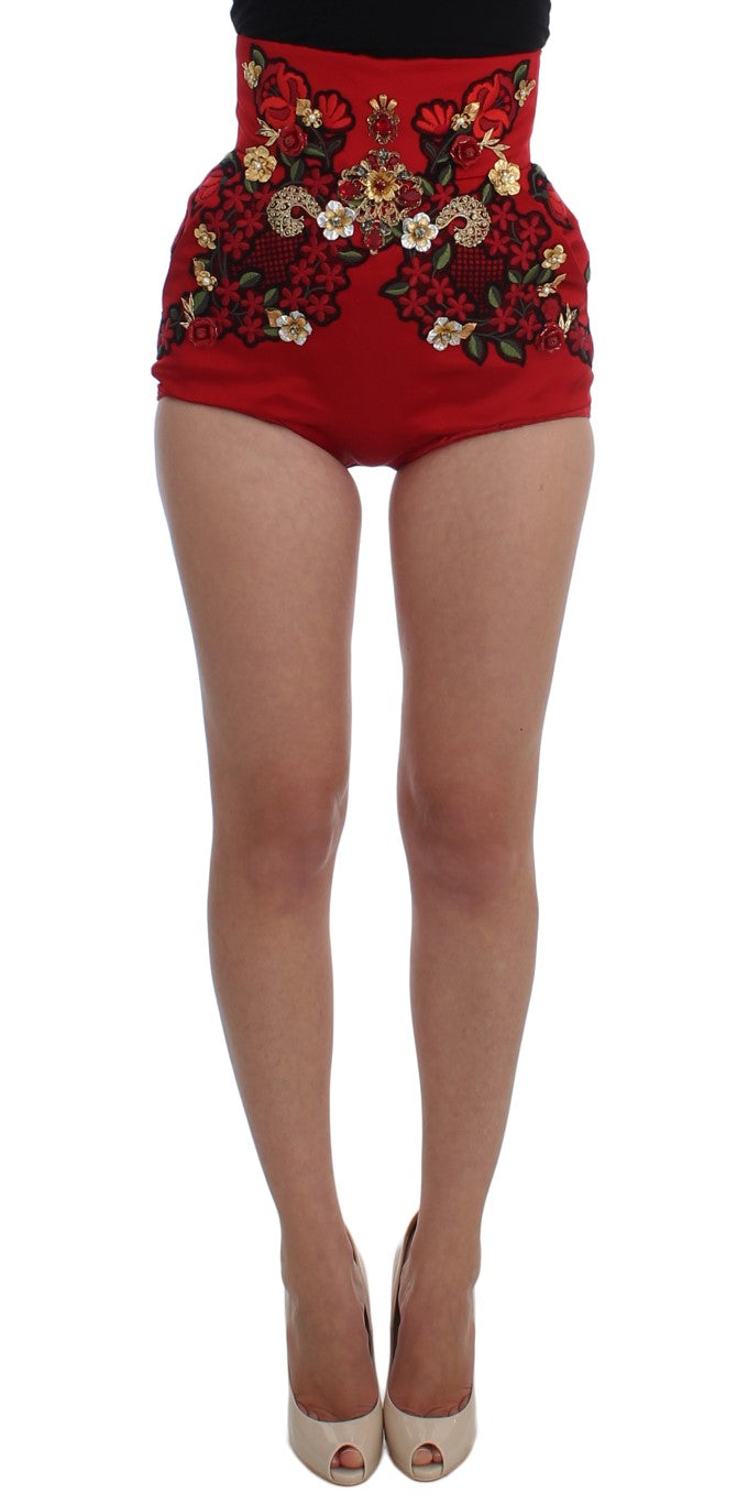 Dolce & Gabbana Red Silk Crystal Roses Shorts | Regal Royce