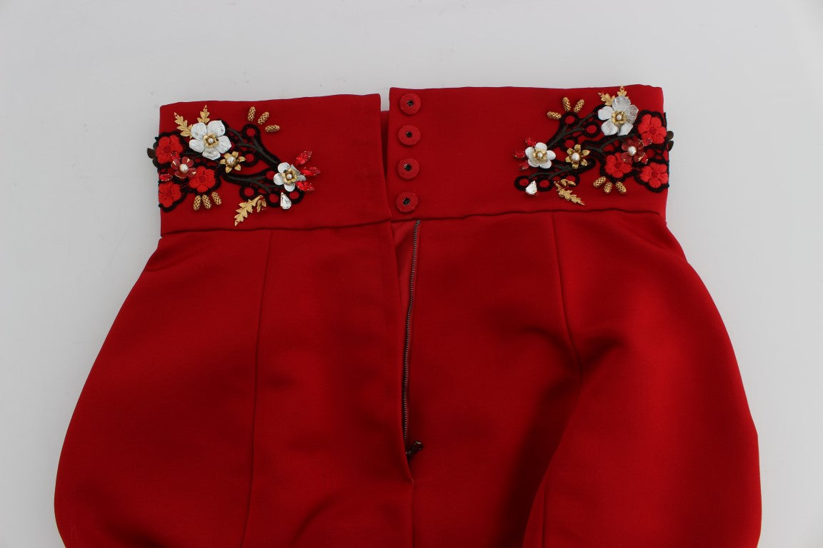 Dolce & Gabbana Red Silk Crystal Roses Shorts | Regal Royce