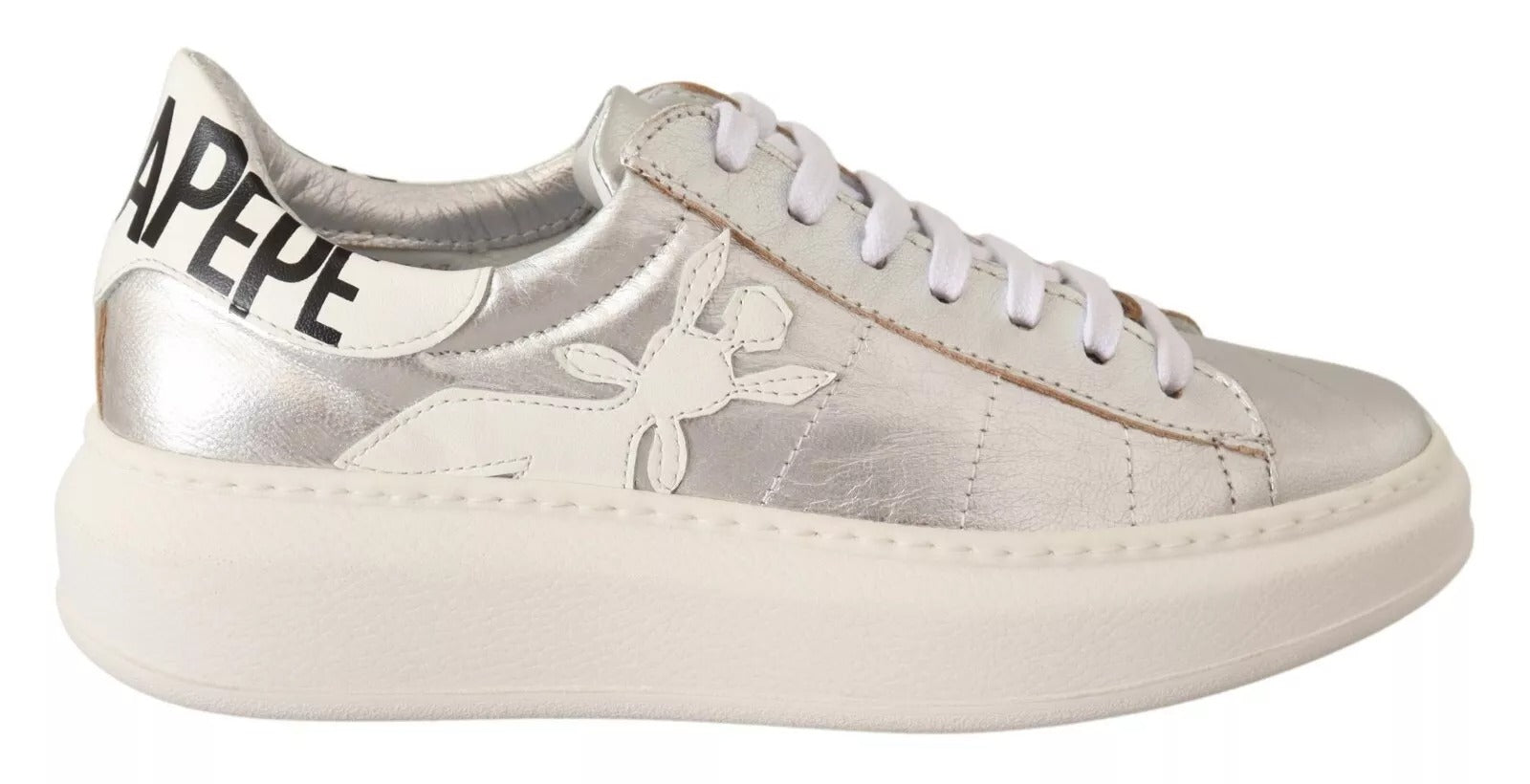 Patrizia Pepe Silver Full Grain Leather Lace Up Sneakers Shoes | Regal Royce