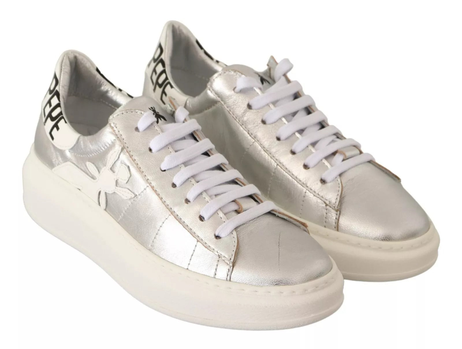 Patrizia Pepe Silver Full Grain Leather Lace Up Sneakers Shoes | Regal Royce