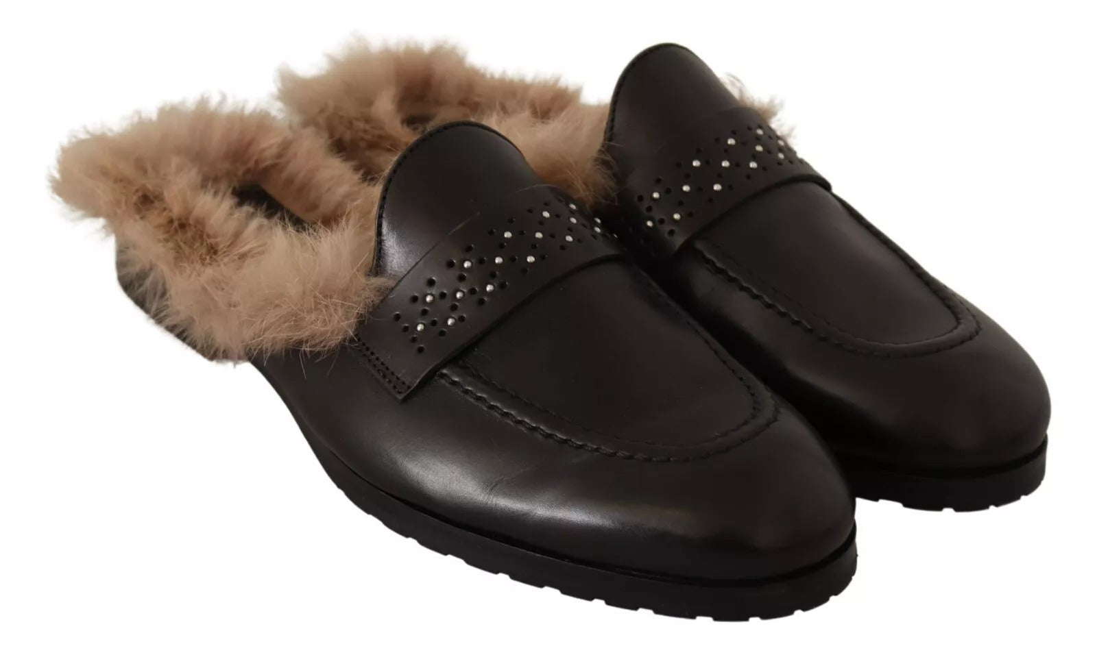 Peserico Black Leather Fur Perforated Slip On Flats Shoes | Regal Royce