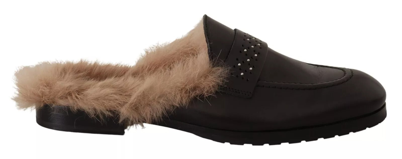 Peserico Black Leather Fur Perforated Slip On Flats Shoes | Regal Royce