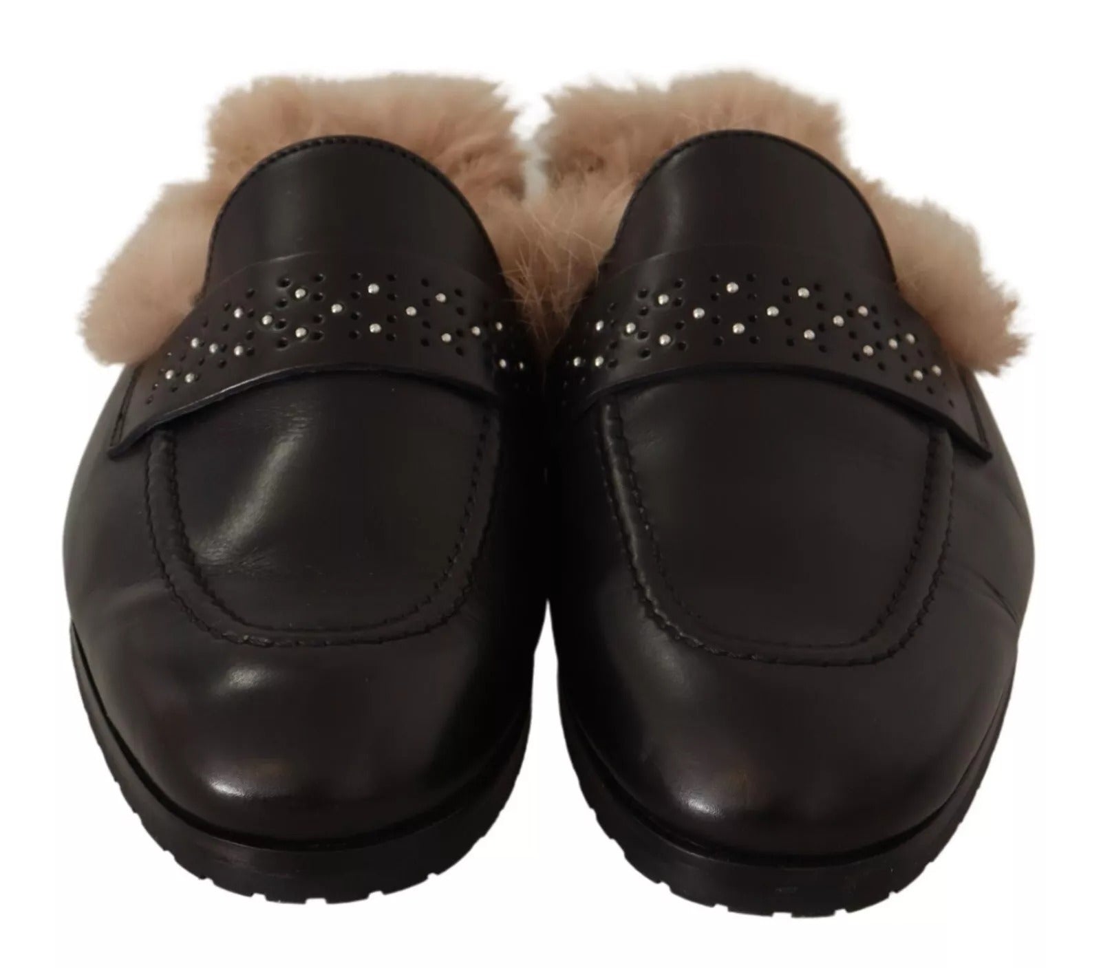 Peserico Black Leather Fur Perforated Slip On Flats Shoes | Regal Royce