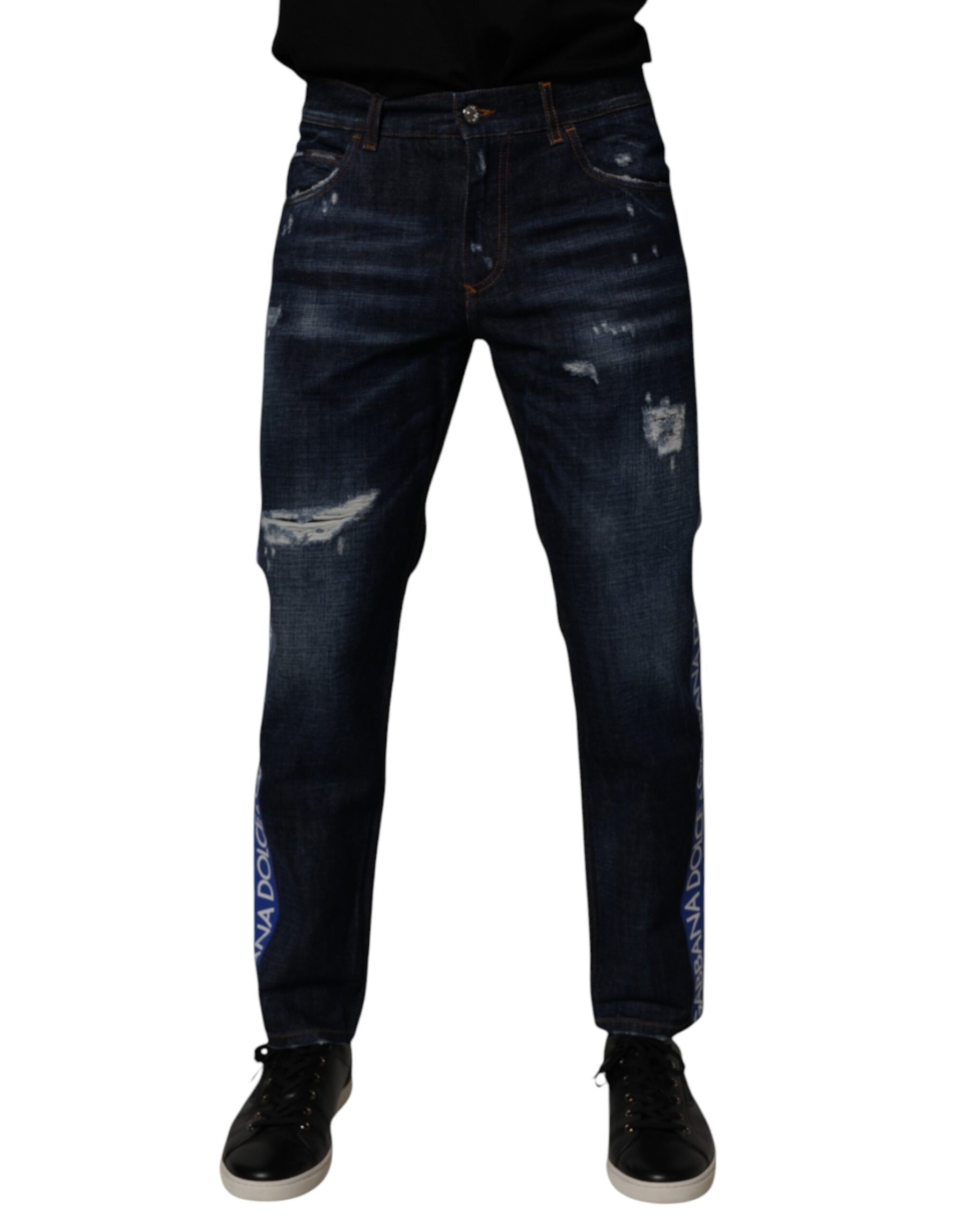 Dolce & Gabbana Dark Blue Cotton Tattered Skinny Denim Jeans | Regal Royce